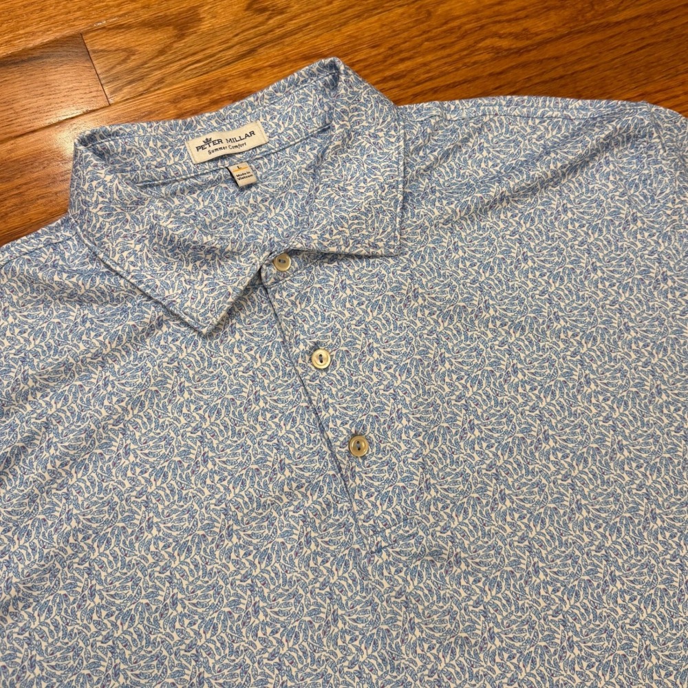 Peter Millar Summer Comfort Golf Polo Shirt Mens Large Flying Feathers Print AOP
